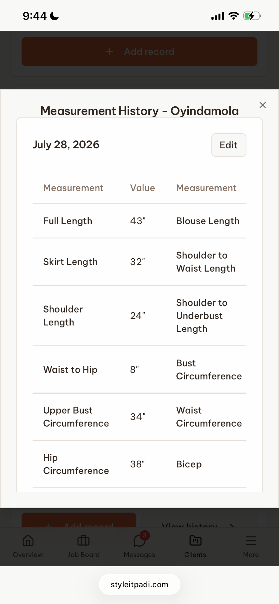 Saved client measurement history