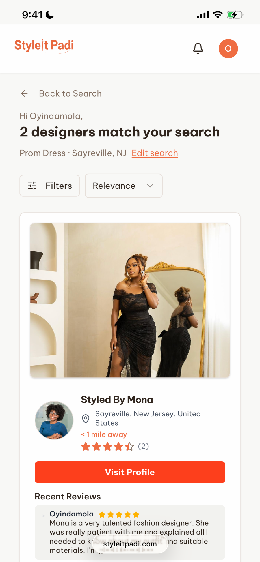 Client search results showing fashion designer profiles