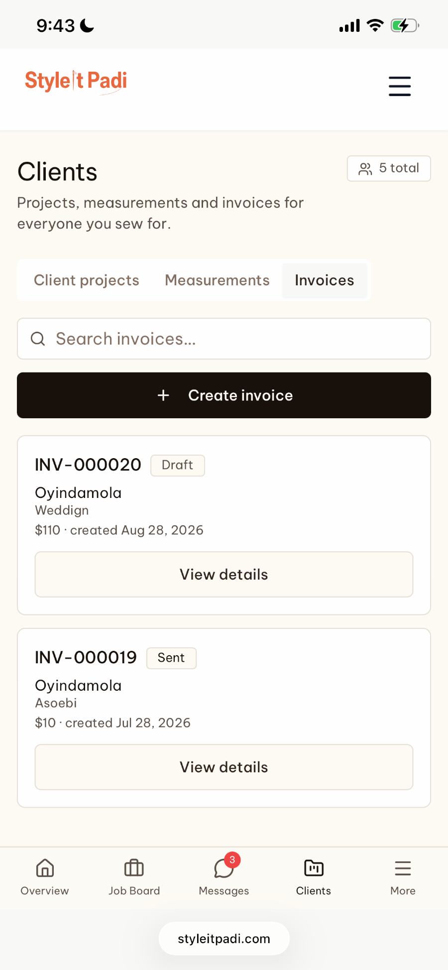 Invoices on the Style It Padi designer dashboard