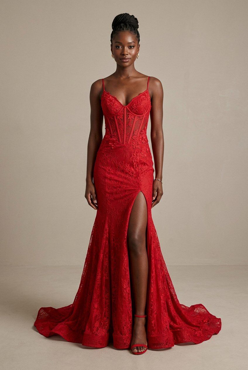 Red trumpet prom dress with v-neck neckline, spaghetti strap, lace fabric