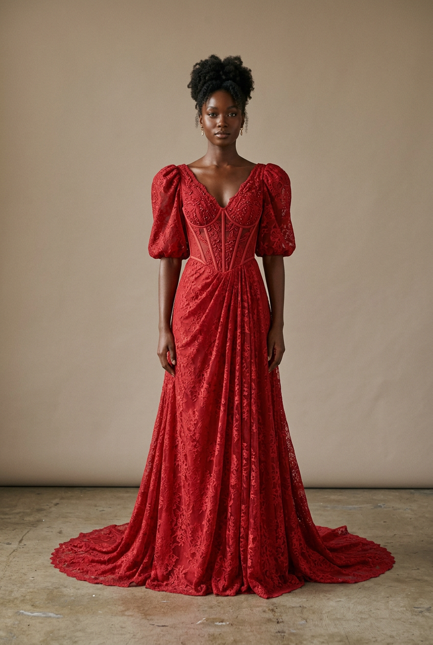 Red a-line prom dress with v-neck neckline, puff sleeve, lace fabric