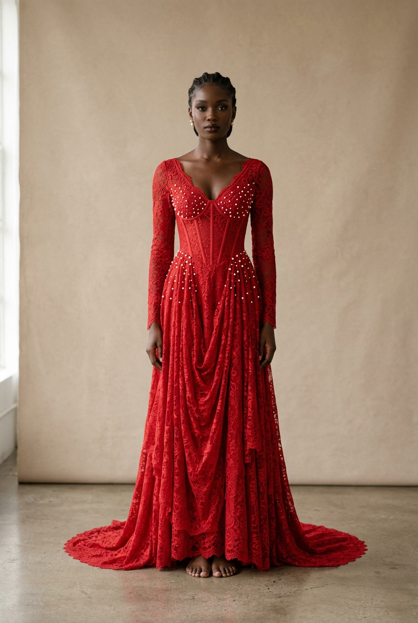 Red a-line prom dress with v-neck neckline, long sleeve, lace fabric