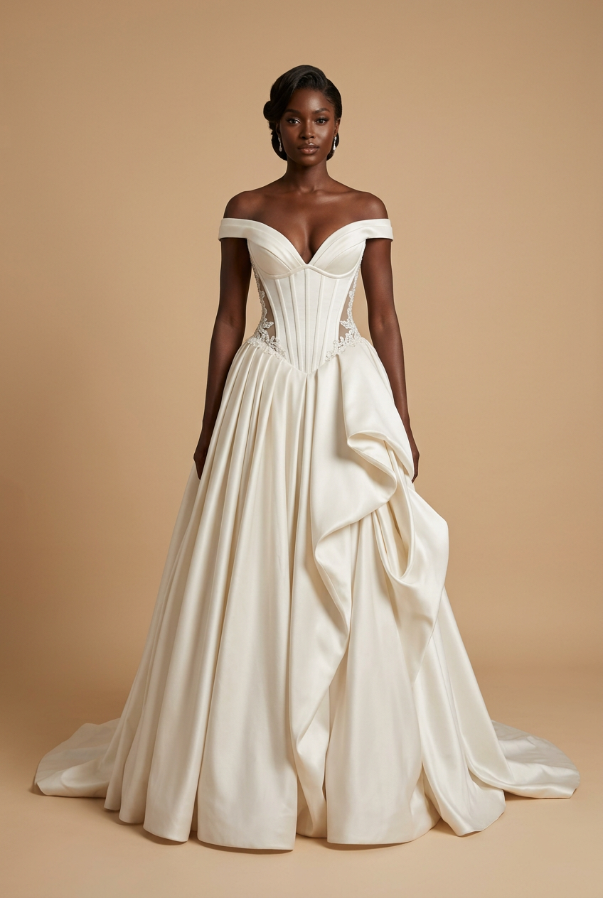 Ivory ball gown prom dress with v-neck neckline, off shoulder, satin fabric
