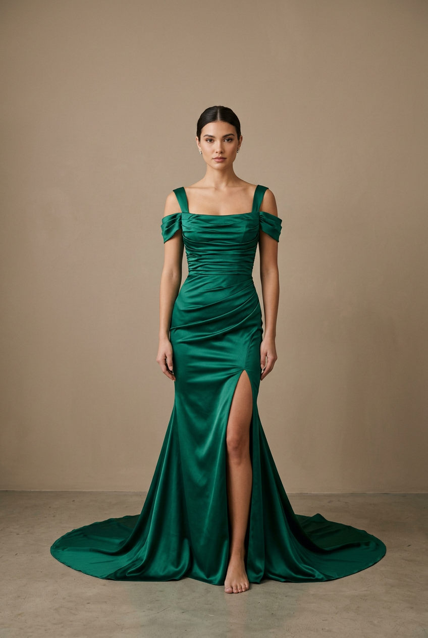 Emerald trumpet prom dress with square neckline, off shoulder, satin fabric