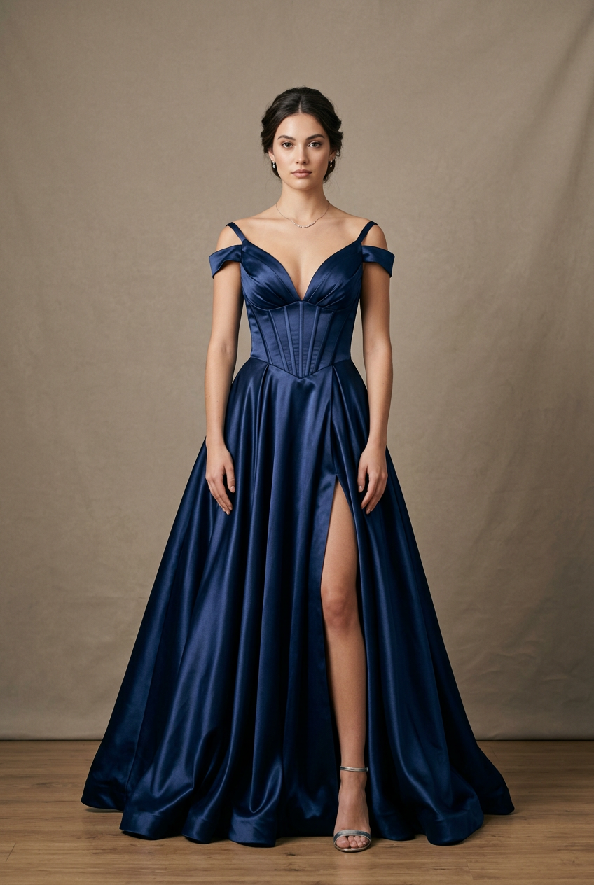Navy ball gown prom dress with v-neck neckline, off shoulder, satin fabric