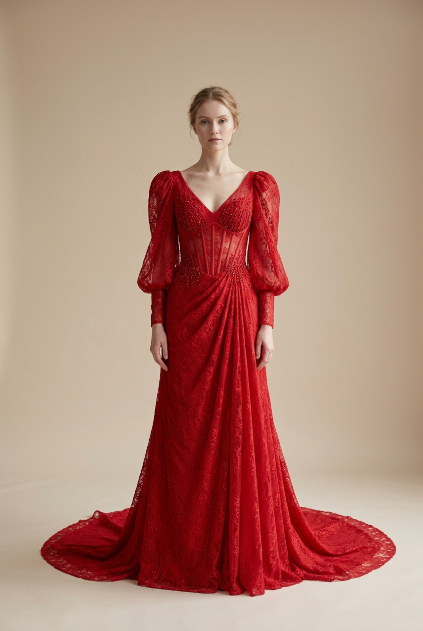 Red a-line prom dress with v-neck neckline, puff sleeve, lace fabric