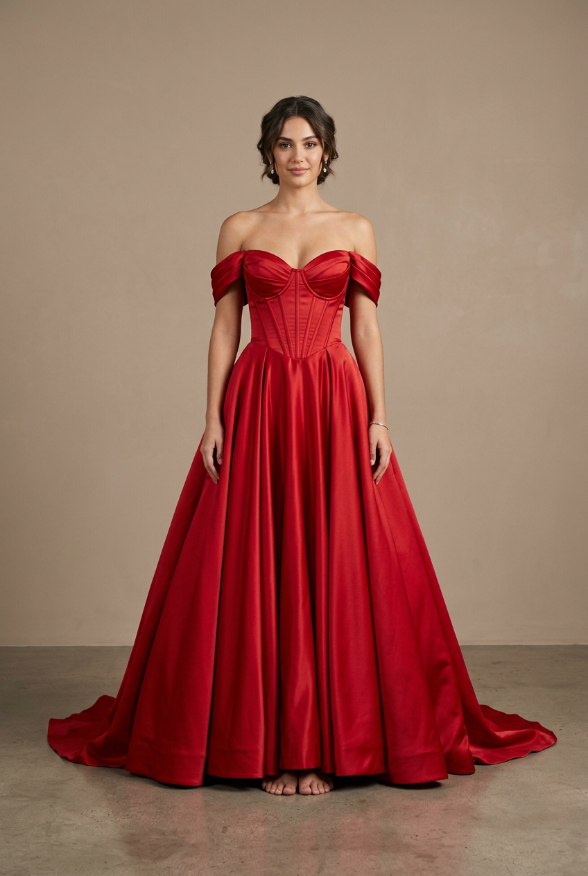 Red ball gown prom dress with sweetheart neckline, off shoulder, satin fabric