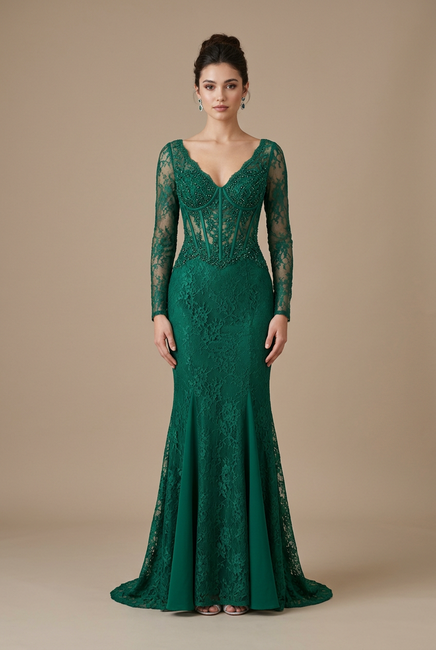 Emerald trumpet prom dress with v-neck neckline, long sleeve, lace fabric