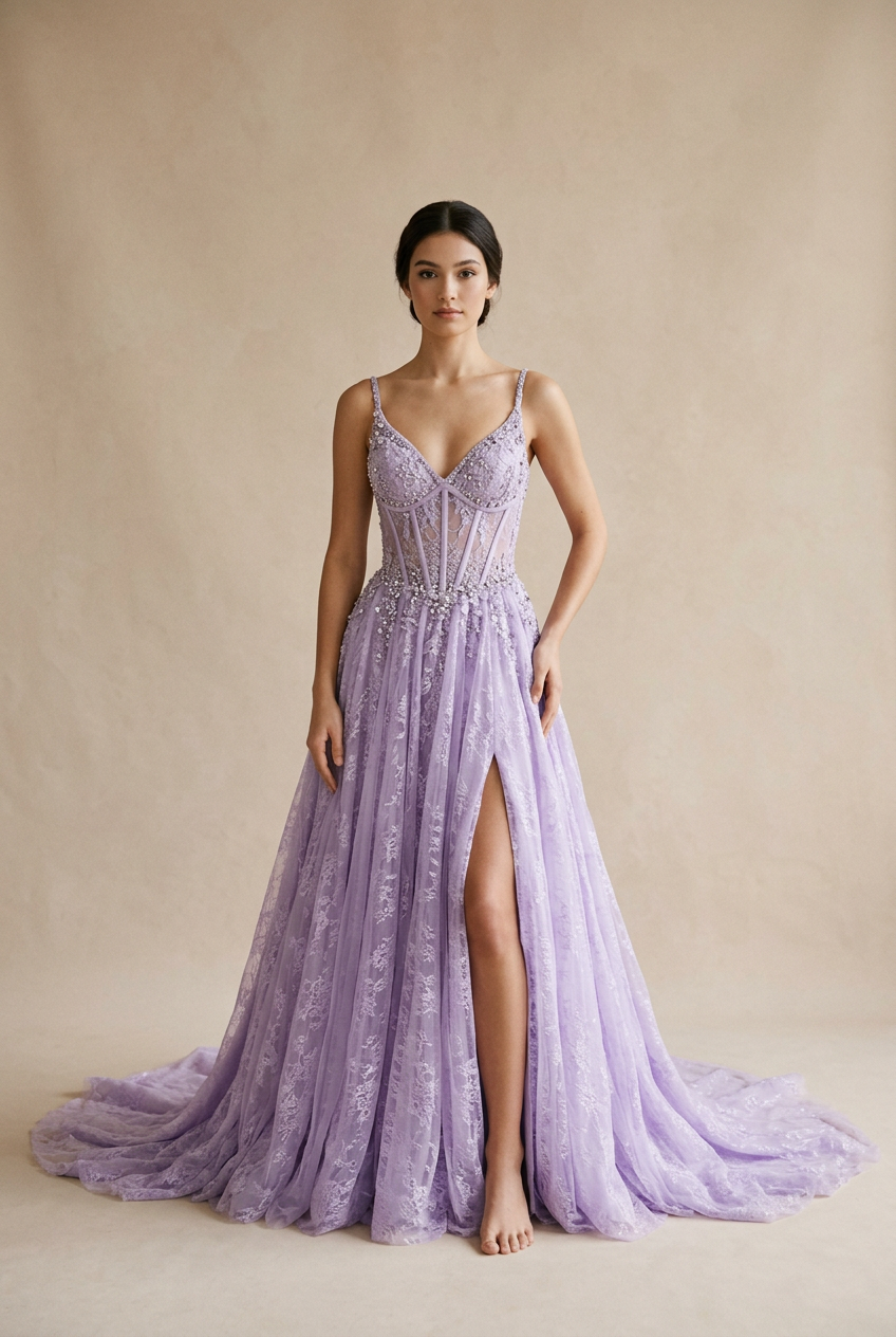 Lavender ball gown prom dress with v-neck neckline, spaghetti strap, lace fabric