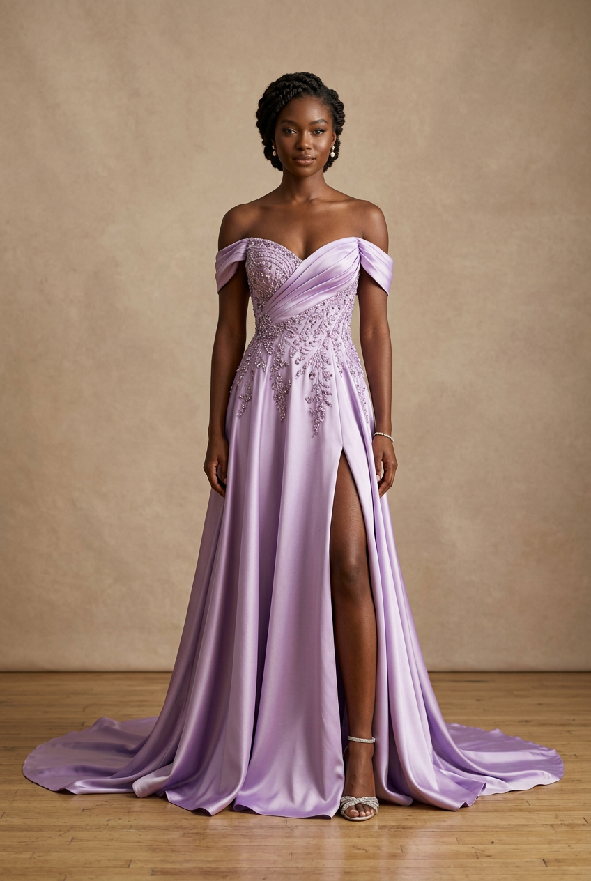 Lavender a-line prom dress with sweetheart neckline, off shoulder, satin fabric