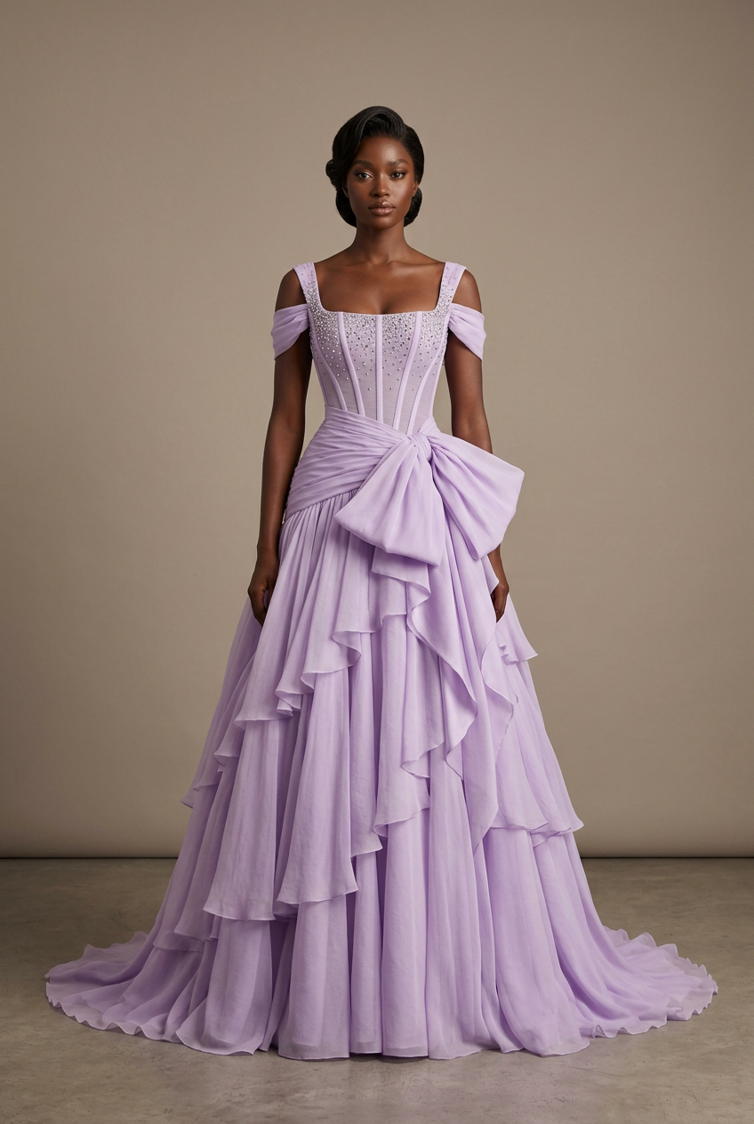 Lavender ball gown prom dress with square neckline, off shoulder, chiffon fabric