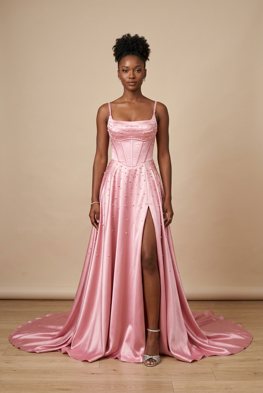 Pink a-line prom dress with square neckline, spaghetti strap, satin fabric