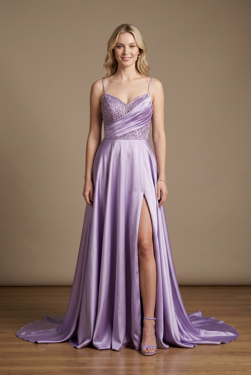 Lavender a-line prom dress with sweetheart neckline, spaghetti strap, satin fabric