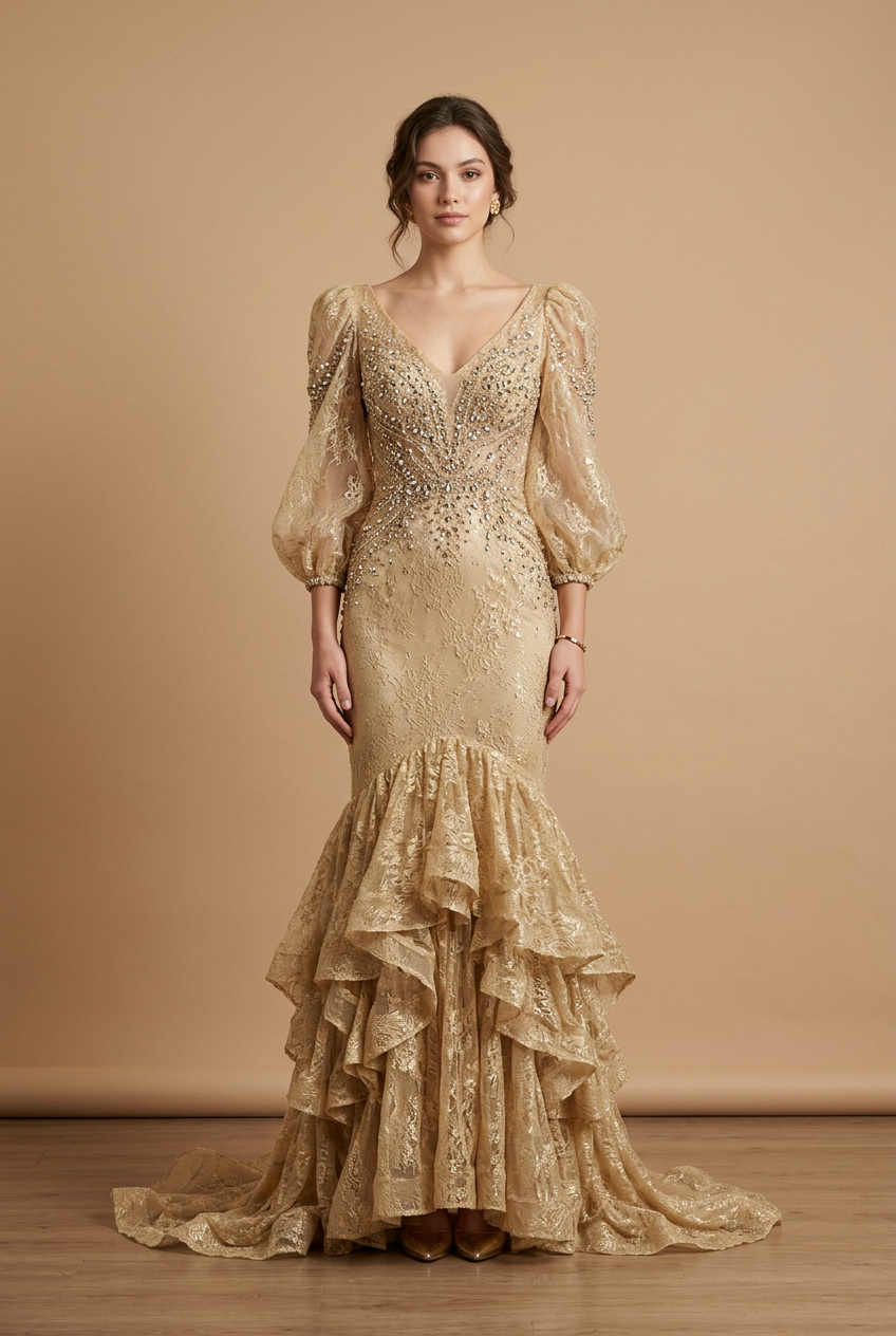 Gold mermaid prom dress with v-neck neckline, puff sleeve, lace fabric